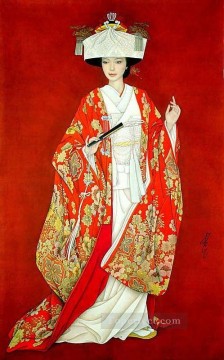 中国 Painting - Feng cj 赤い服を着た中国の女の子